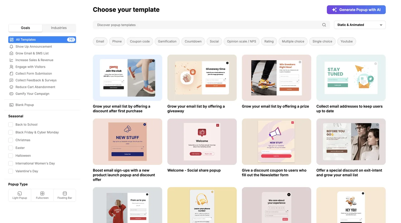 The Popupsmart Playbook with popup templates organized by goal and industry