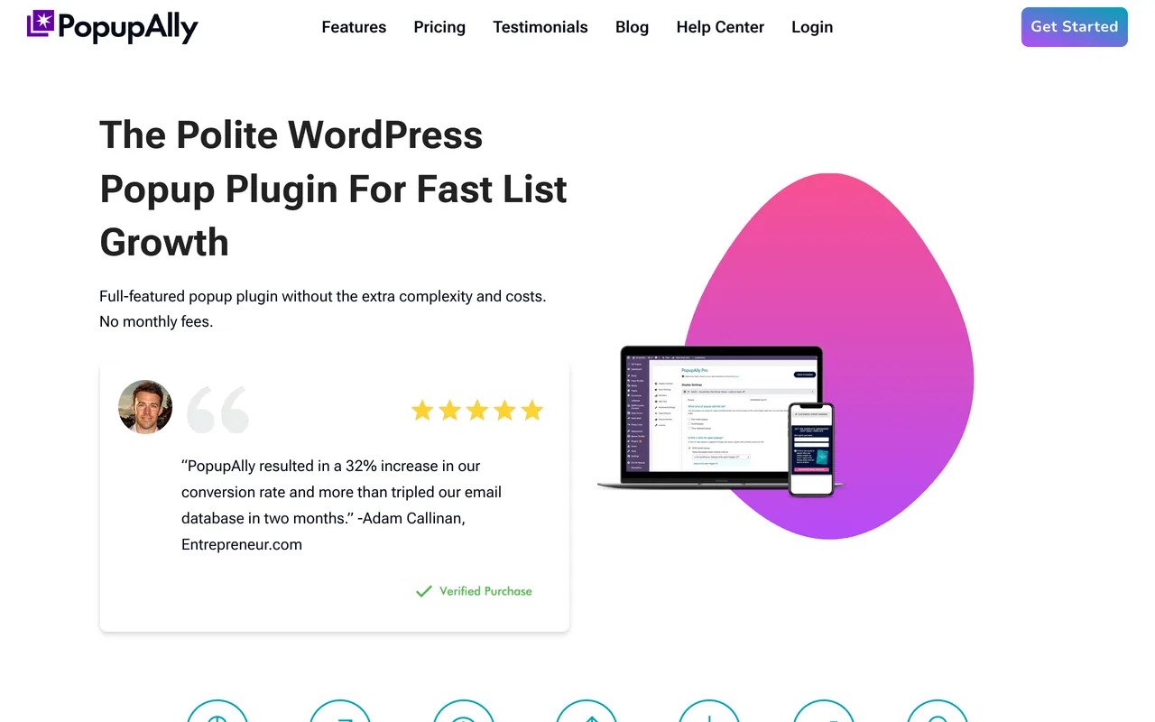 The Polite WordPress Popup Plugin For Fast List Growth başlığıyla PopupAlly Pro sayfası