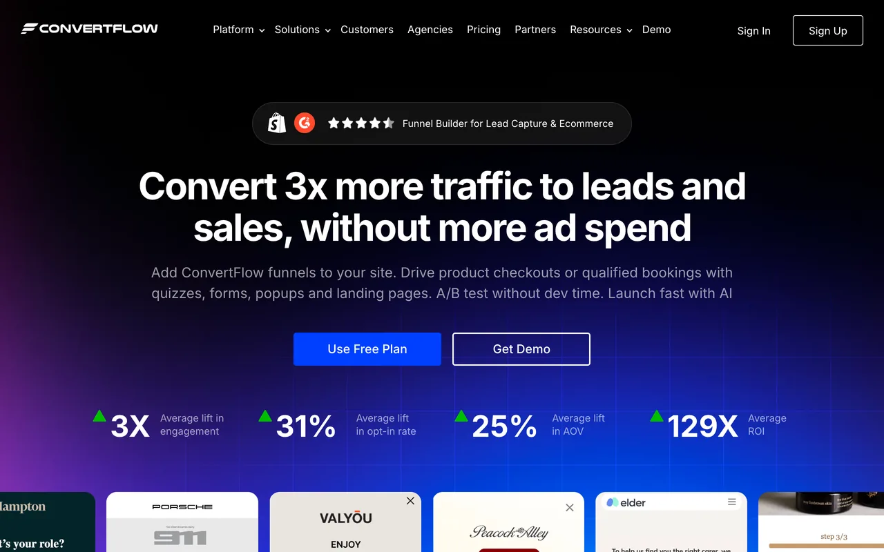 ConvertFlow home page headline Convert 3x more traffic to leads and sales, with Use Free Plan and Get Demo buttons