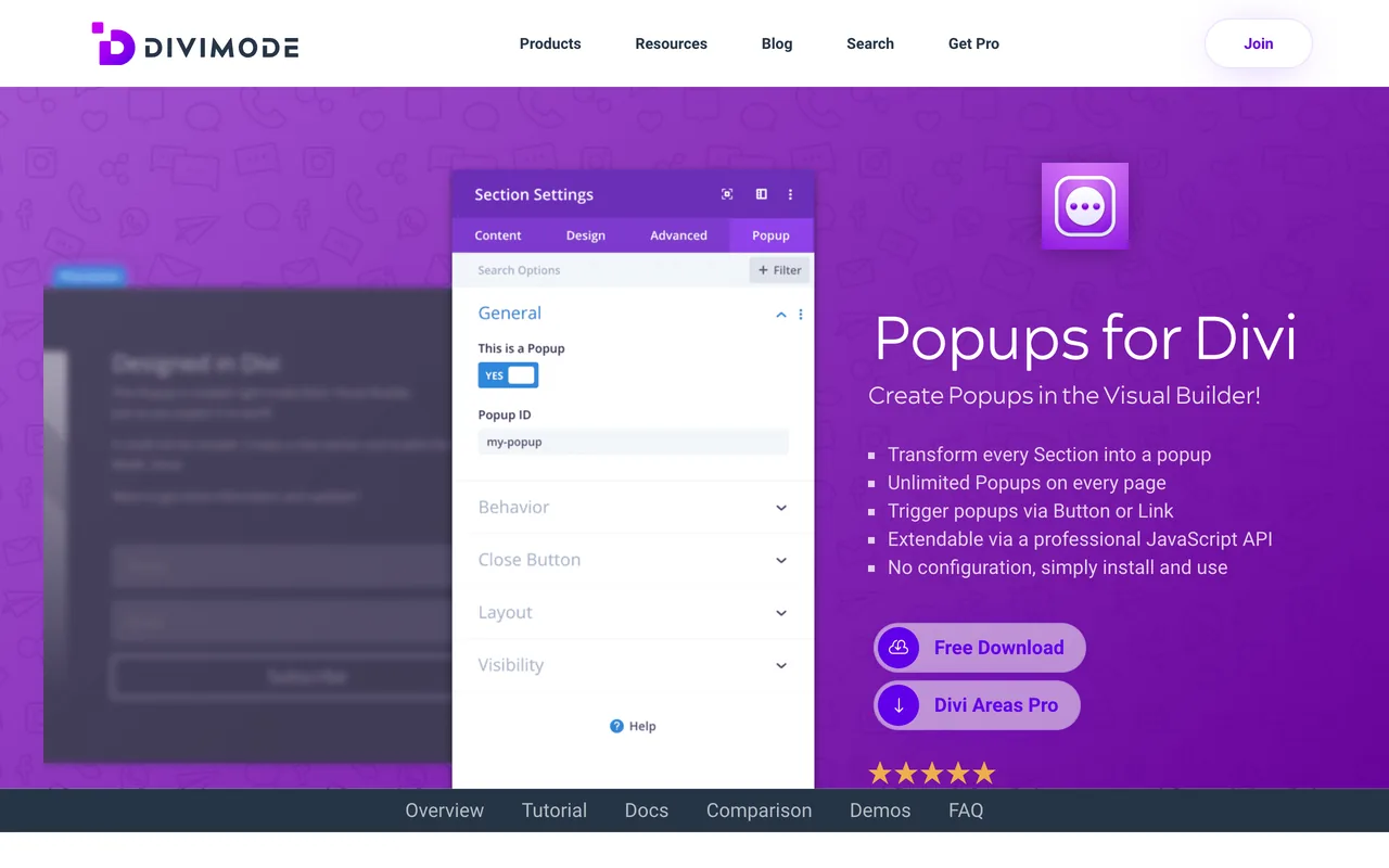 Görsel oluşturucuda popup oluşturma başlığı, Free Download ve Divi Areas Pro butonlarıyla Divimode'un Popups for Divi sayfası