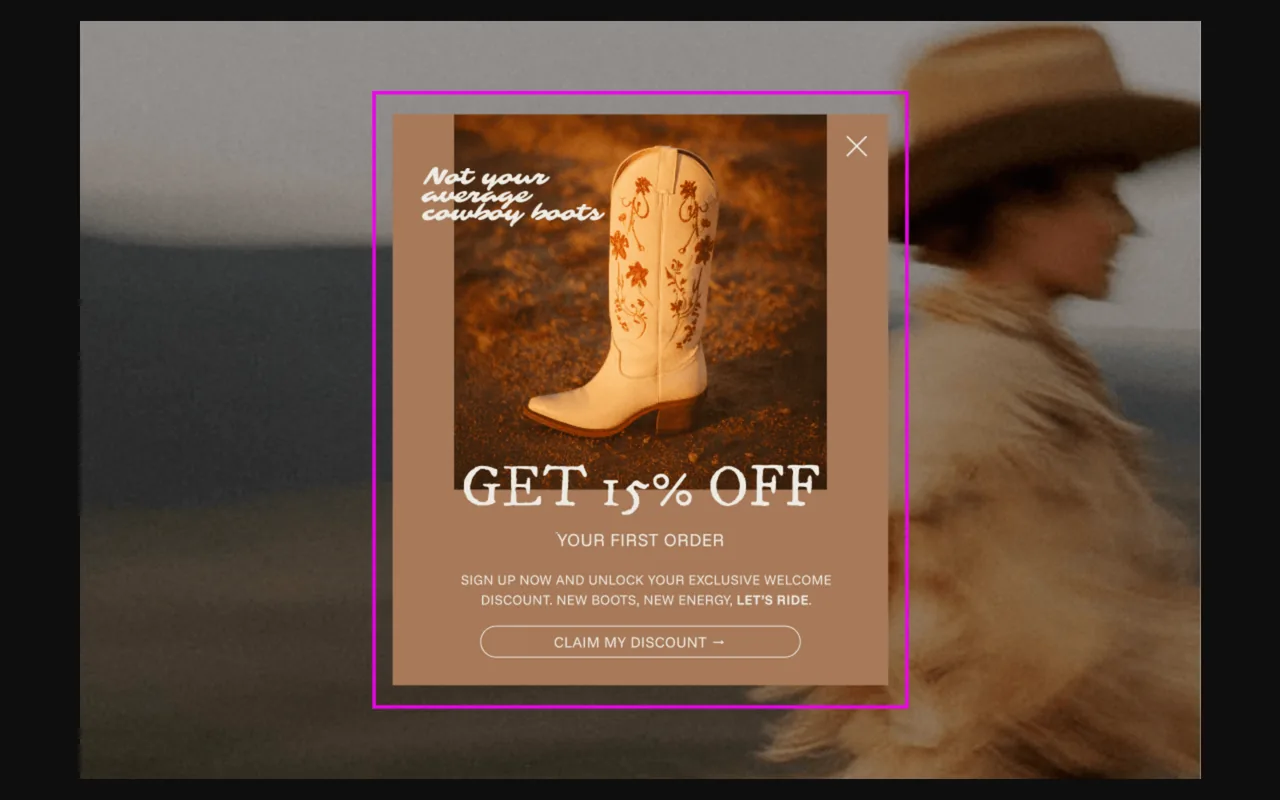 Get 15% off your first order yazan örnek bir karşılama popup'ıyla Elementor'un popup oluşturucu sayfası