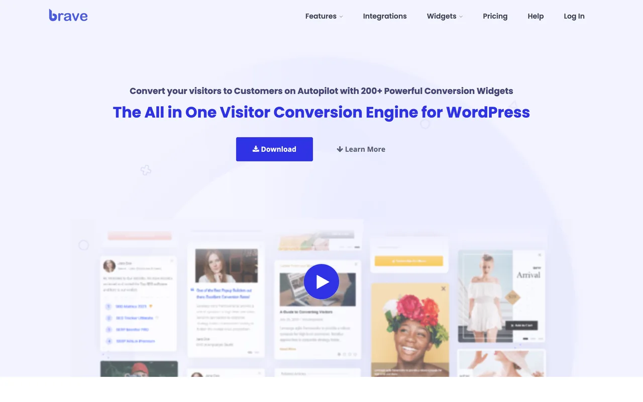 The All in One Visitor Conversion Engine for WordPress başlığı ve Download butonuyla Brave ana sayfası