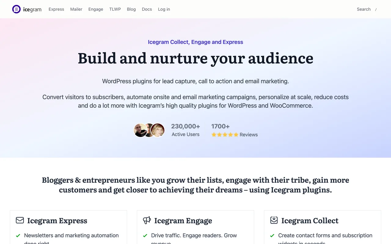 Build and nurture your audience başlığı ve Express, Engage ve Collect eklentileriyle Icegram ana sayfası