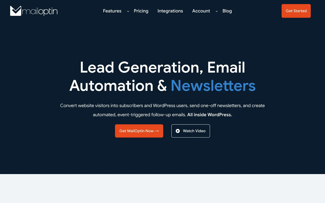 Lead Generation, Email Automation and Newsletters başlığı ve Get MailOptin Now butonuyla MailOptin ana sayfası