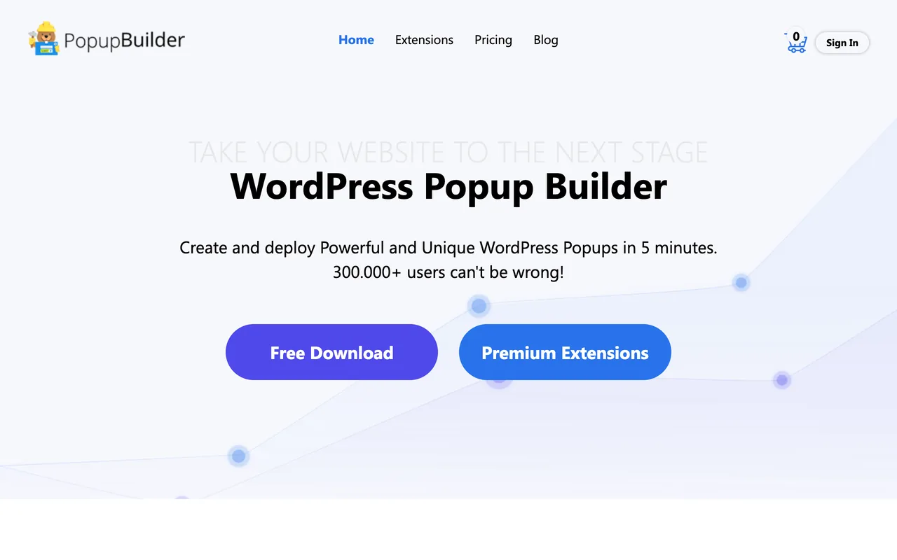 WordPress Popup Builder başlığı, Free Download ve Premium Extensions butonlarıyla Popup Builder ana sayfası