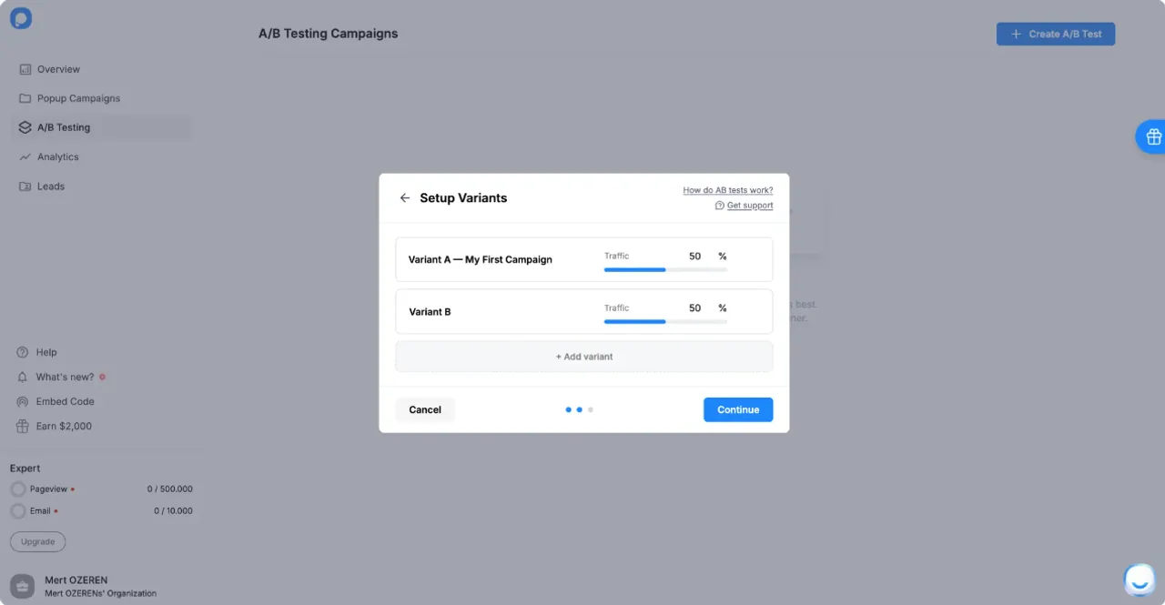 Popupsmart's Setup Variants step with Variant A and Variant B each set to 50% of traffic and an Add variant button