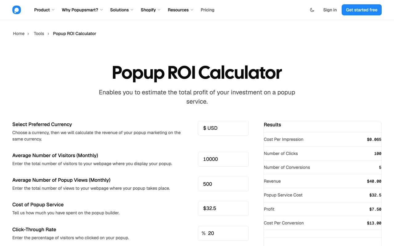 Popupsmart's popup ROI calculator with fields for currency, monthly visitors, popup views, cost and click-through rate, and a results panel