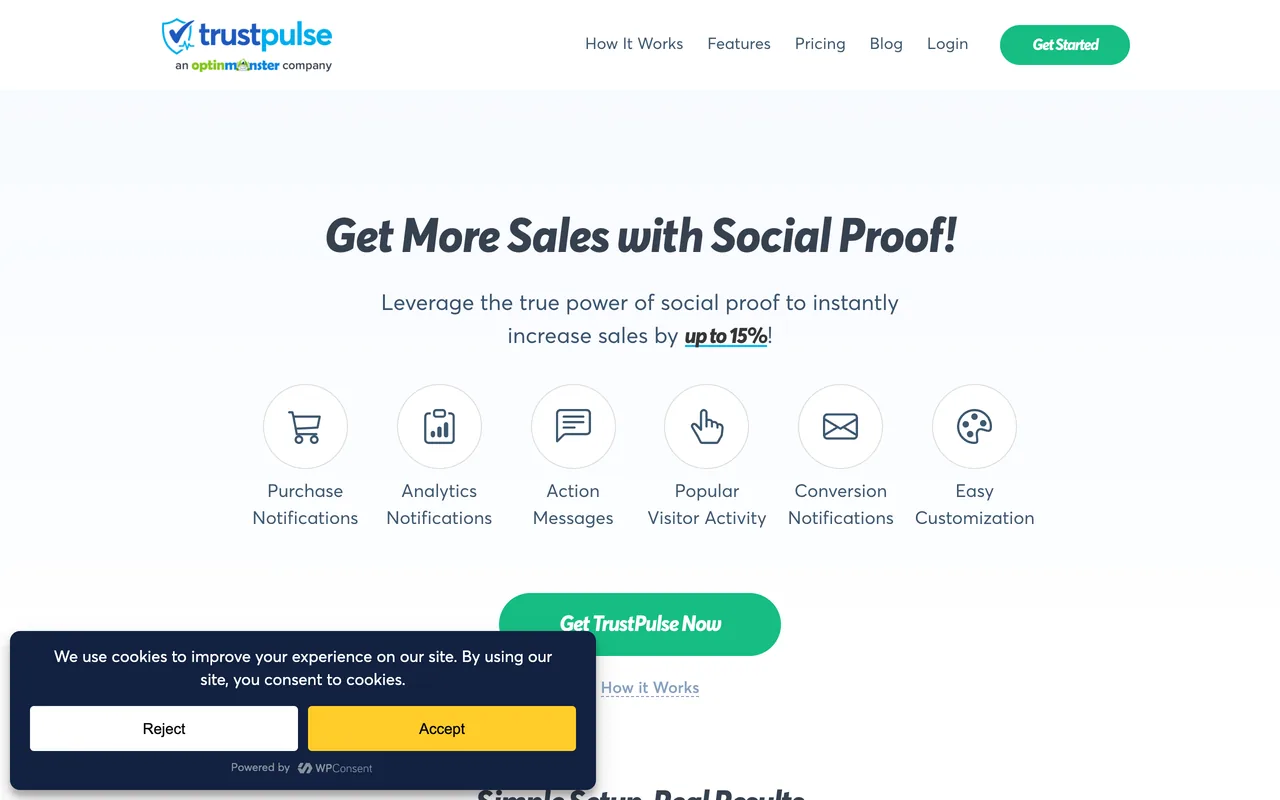 Get More Sales with Social Proof başlığıyla TrustPulse ana sayfası; sol altta çerez bildirimi hâlâ görünüyor