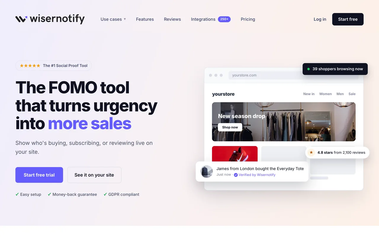 The FOMO tool that turns urgency into more sales başlığı ve bir mağaza sayfasında örnek satın alma bildirimiyle WiserNotify ana sayfası