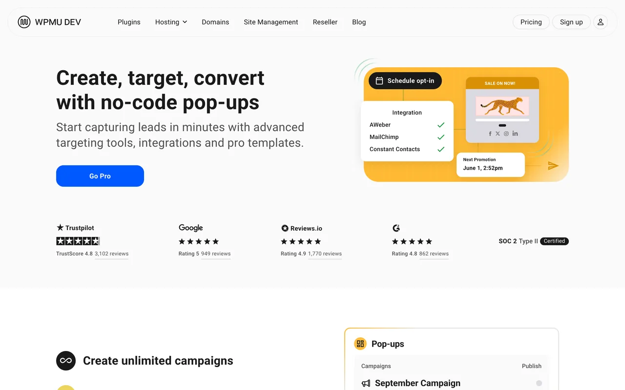 Kod gerektirmeyen popup'larla oluşturma, hedefleme ve dönüştürmeyi anlatan başlık ve Go Pro butonuyla WPMU DEV'in Hustle sayfası