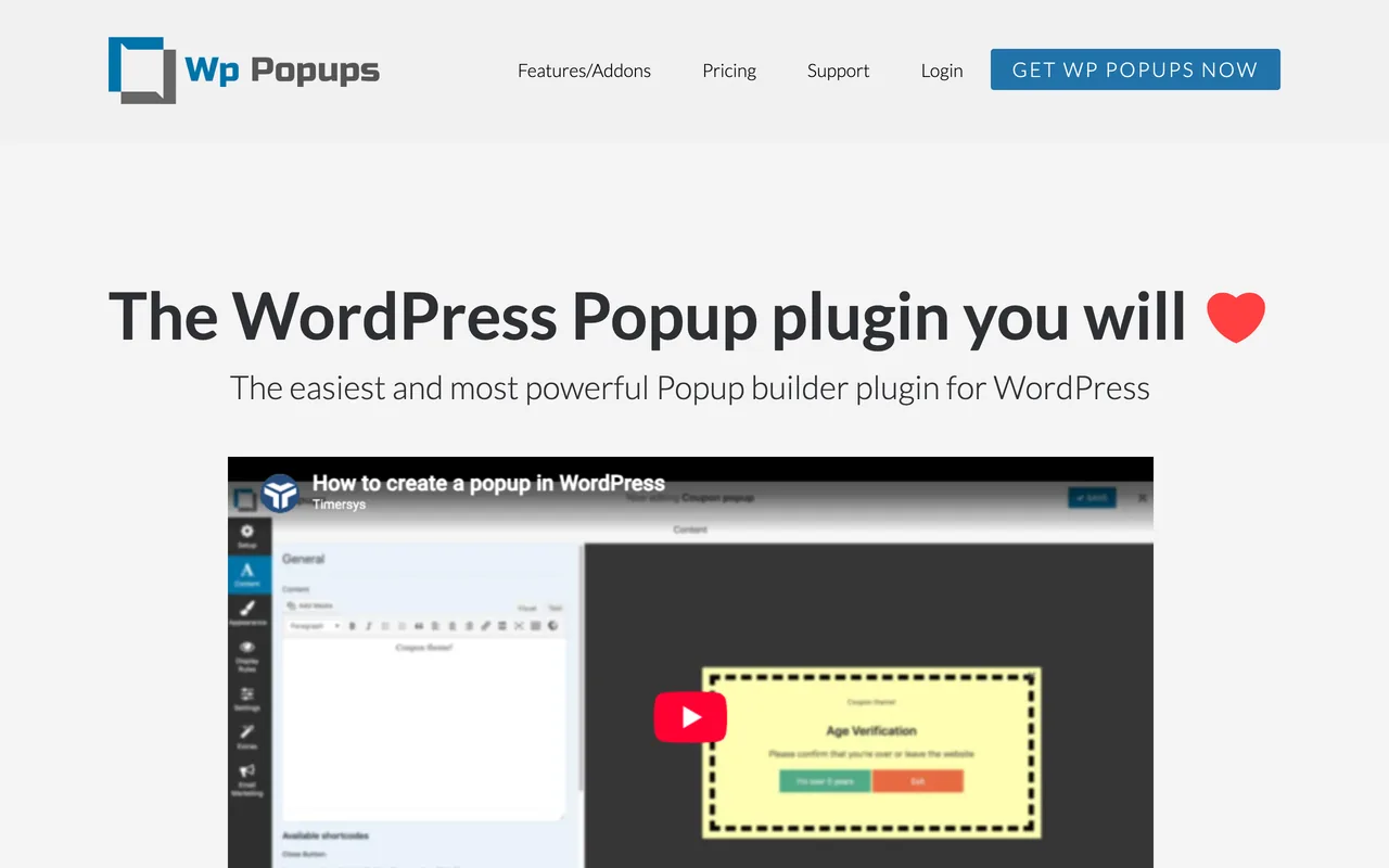 WordPress popup eklentisini anlatan başlık ve WordPress'te popup oluşturma videosuyla WP Popups ana sayfası